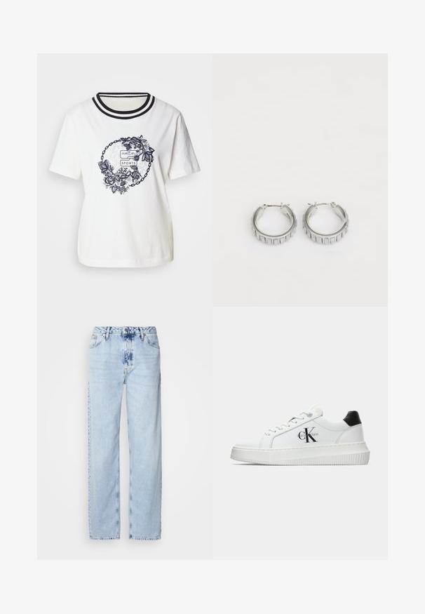 White cotton T-shirt featuring a round floral graphic in navy, with a ribbed neckline in black and white stripes. Short sleeves, relaxed fit.; Light blue wide-leg jeans made from denim, featuring a high waist, faded wash, and subtle tie-dye pattern along the front.; White low-top sneaker with black heel tab, platform sole, laces, and Calvin Klein "CK" logo on the side.; Silver hoop earrings with a textured design featuring vertical ridges. Circular shape with a secure latch closure. Smooth finish.