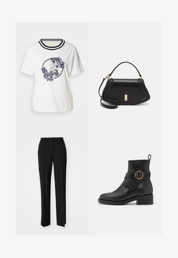 Hvit bomulls T-skjorte med et rundt, blomstrete grafisk motiv i marineblått, med en ribbestrikket halslinning i svart og hvite striper. Korte ermer, avslappet passform.; Sorte skreddersydde bukser med rett silhuett, med en glatt tekstur og klare pressede bretter foran. Ingen synlig maskinvare.; BOSS IRYNA BOOTIE - Platåstøvletter - black; Sort lærveske med en strukturert design, som har en avkortet form, topphåndtak og detaljer i gull. Justerbar skulderstropp inkludert.
