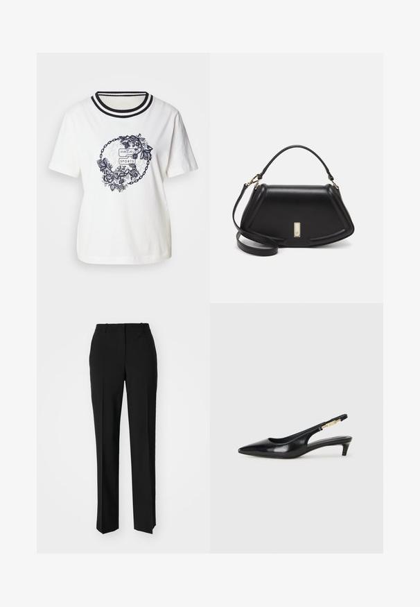 White cotton T-shirt featuring a round floral graphic in navy, with a ribbed neckline in black and white stripes. Short sleeves, relaxed fit.; Black tailored trousers with a straight-leg design, featuring a smooth texture and crisp creases along the front. No visible hardware.; Black leather slingback heels with a pointed toe, featuring a slim heel and a gold-tone accent on the adjustable strap. Smooth texture.; Black leather handbag with a structured design, featuring a cropped shape, top handle, and gold hardware accent. Adjustable shoulder strap included.