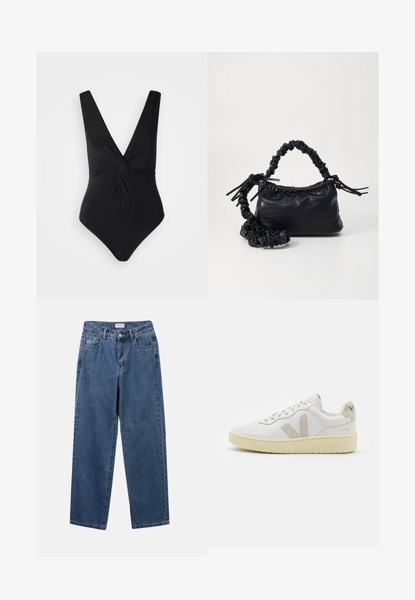 Černé jednodílné plavky s hlubokým výstřihem do V, širokými ramínky a zavinutým předním designem. Vyrobené z hladkého, elastického materiálu.; Klasické modré džíny z denimu se střihy rovné nohy, pěti kapsami a zapínáním na knoflík. Mají střední odstín a odolnou texturu.; Bílé kožené tenisky s béžovými semišovými akcenty, perforovanou špičkou, plochými tkaničkami a strukturovanou krémovou podešví. Obsahují jemné logo na patě.; Černá kabelka z umělé kůže s krokodýlím vzorem, staženým vrškem a zmačkaným popruhem. Zdá se, že má měkký a kompaktní design.