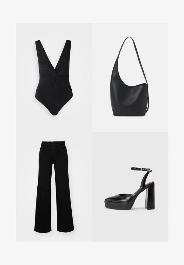 Juodas vientisas maudymosi kostiumas su gilia V formos iškirpte, platesnėmis petnešomis ir suktuku priekyje. Pagamintas iš lygios, tamprios medžiagos.; Juodos plačios kelnės iš denimo, turinčios struktūruotą juosmenį, diržo kilpas ir priekines kišenes. Lygus paviršius su klasikinio dizaino elementais.; Juodi platforminiai aukšti kulniukai su smailiu kojų pirštu ir reguliuojamu kulkšnies dirželiu. Pagaminti iš lygaus odos, turi masyvų blokinį kulną.; Juodas odinis hobo maišas su lygiu paviršiumi, kreipta forma ir viena reguliuojama rankena; turi platų atidarymą viršuje.