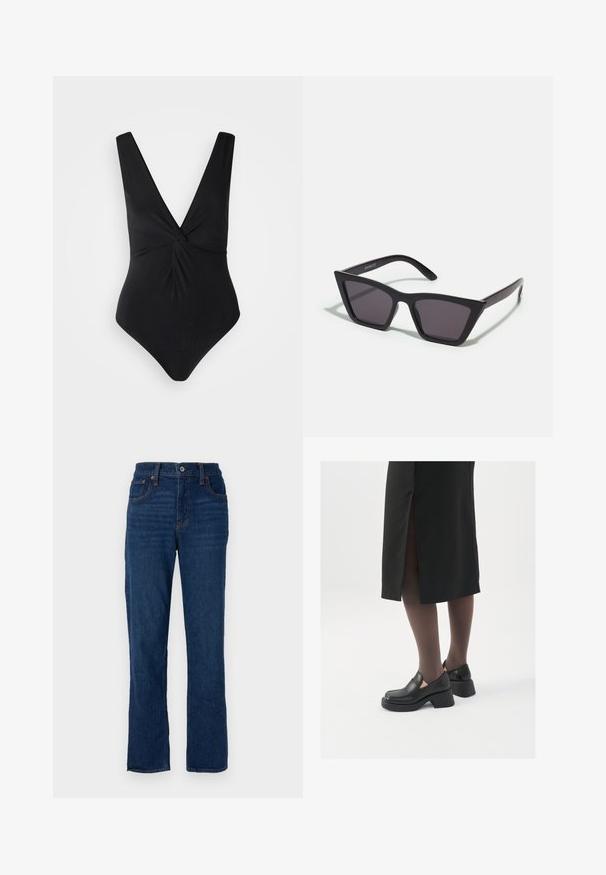 Crni jednodijelni kupaći kostim s dubokim V-izrezom, širokim naramenicama i zamršenim prednjim dijelom. Izrađen od glatkog, rastezljivog materijala.; Tamno plave traperice ravnog kroja s pet džepova, narančastim koncem i kopčanjem na pojasu.; Crne kožne cipele s zaobljenim vrhom, debelim blok petama i elastičnim bočnim detaljima, uparene s tamnim čarapama i crnom suknjom s prorezom.; Crne, uglaste sunčane naočale sa sivoj lećama; izrađene od plastike, imaju debele nogice s glatkom površinom i bez vidljivih metalnih dijelova.