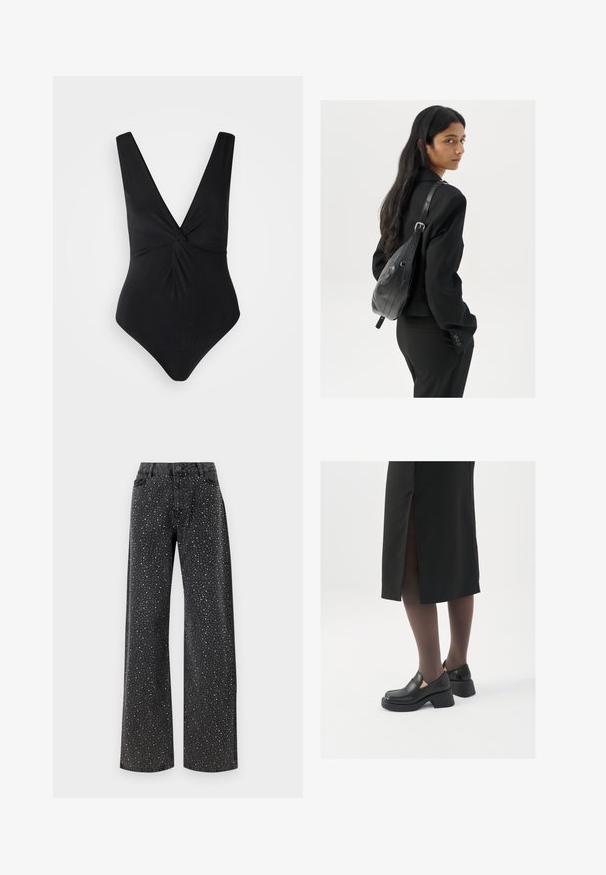 Fekete egyrészes fürdőruha mély V kivágással, széles pántokkal és csavart elülső dizájnnal. Simább, rugalmas anyagból készült.; Noisy May NMJANNEL LOOSE - Laza szabású farmerek - black denim; Fekete bőr cipők lekerekített orral, vastag blokk sarkakkal és elasztikus oldalsó díszítésekkel, sötét harisnyával és hasítékkal ellátott fekete szoknyával párosítva.; Hosszú, sötét hajú nő fekete öltönyben, fekete bőrtáskával a vállán, a vállán át néz a fehér háttér előtt.