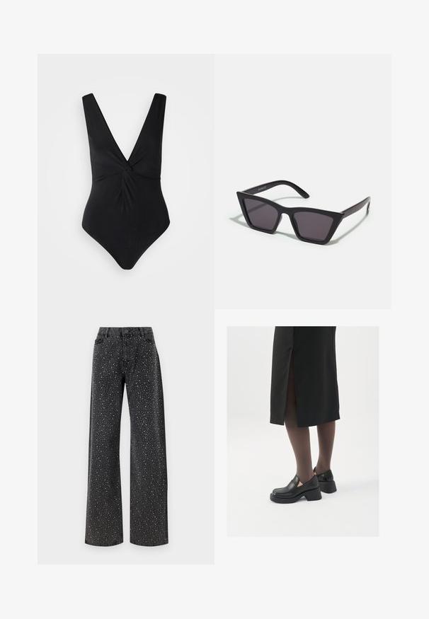 Črn enodelni kopalke z globokim V-izrezom, širokimi naramnicami in zvitim sprednjim dizajnom. Narejeno iz gladkega, raztegljivega materiala.; Noisy May NMJANNEL LOOSE - Široke kavbojke - black denim; Črne usnjene čevlje s zaobljenim prstom, debelim blokastim petama in elastičnimi stranskimi detajli, v kombinaciji s temno nogavicami in črno krilo z razporkom.; Črne, angularne sončne očala z sivimi lečami; izdelana iz plastike, imajo debele ročke z gladko površino in brez vidne opreme.; Srebrne uhane v obliki obroča z minimalističnim dizajnom. Krožna oblika, gladka tekstura in tanek profil. Lahki s poliranim zaključkom.