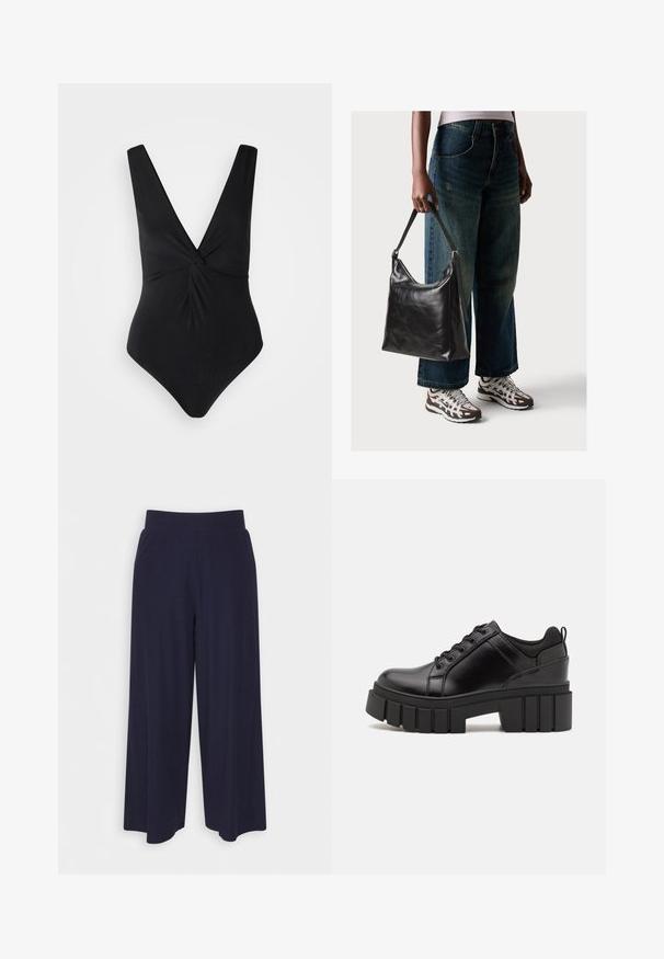 Juodas vientisas maudymosi kostiumas su gilia V formos iškirpte, platesnėmis petnešomis ir suktuku priekyje. Pagamintas iš lygios, tamprios medžiagos.; Plati kojinės tamsiai mėlynos spalvos audiniu su vagelėmis. Turi lygų juosmenį ir laisvą siluetą, kuris siekia iki pusės blauzdos.; Juodi odiniai platformos batai su masyviu blokuota kulniuku, apvalia nosimi ir tradiciniu šnypštimo dizainu. Turintys glotnų paviršių ir minimalų dekoravimą.; Juodas odinis peties krepšys su lygiu paviršiumi ir reguliuojama dirželiu, derinamas su nublukusiais plačiapurčiais džinsais ir sportiniais batais.