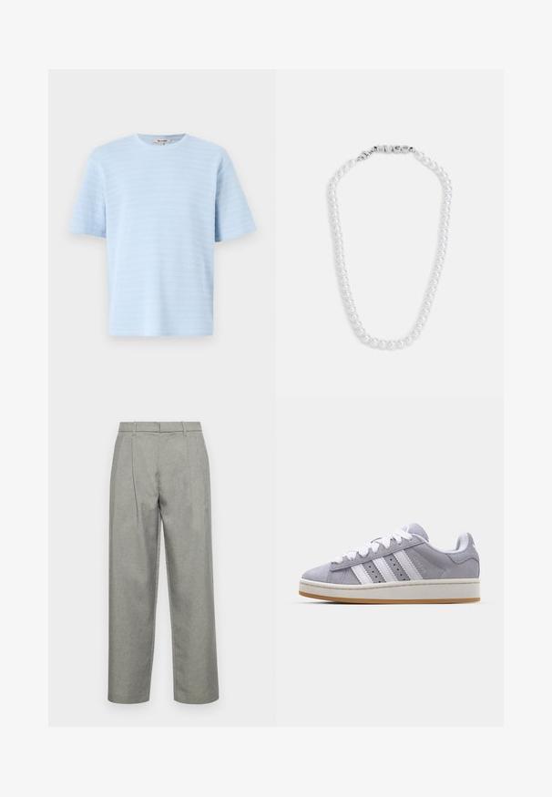 Lyseblå kortærmet t-shirt lavet af tekstureret strikket stof med horisontale stribedetaljer. Rund halsudskæring og afslappet pasform.; Grå skræddersyede bukser lavet af struktureret stof, med lige ben-design, frontfolder og en standard talje med bæltesløjfer.; Grå ruskindssko med hvide striber, rund tå og gummisål. Har perforeringer på siden og en struktureret hælflap.; Hvid perlekæde med en glat tekstur, der har en sølvlåse prydet med ordet "HUGO." Ensartede perler i et klassisk design.
