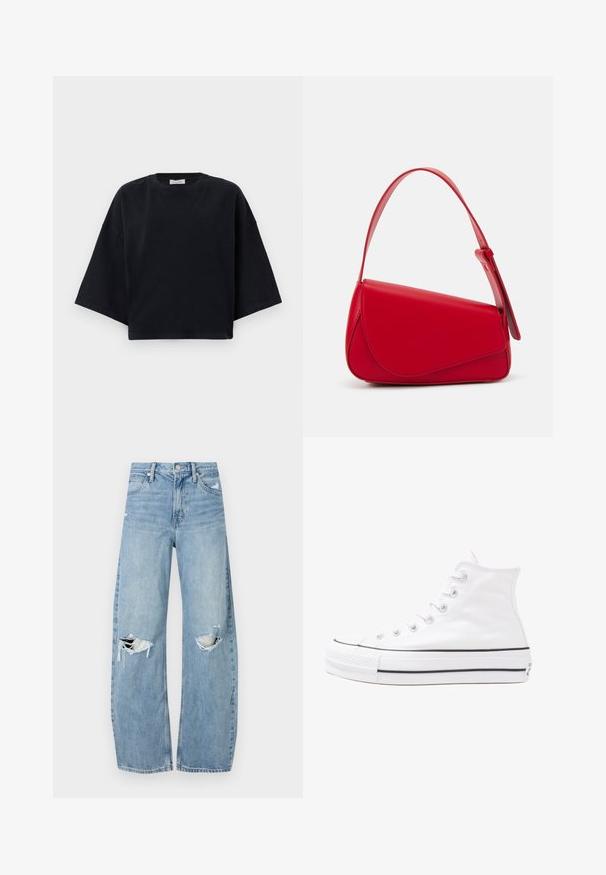Black cotton oversized t-shirt with a round neck, dropped shoulders, and short wide sleeves, featuring a simple, seamless design.; Light blue, high-waisted jeans made of denim. Feature wide legs, two torn knee areas, and classic five-pocket styling.; White high-top canvas sneaker with black rubber sole, front rubber toe cap, and six eyelets for laces, featuring a clean, minimalist design.; Red leather handbag with an angular, geometric design. Features a single adjustable strap and a flap closure with stitched detailing.