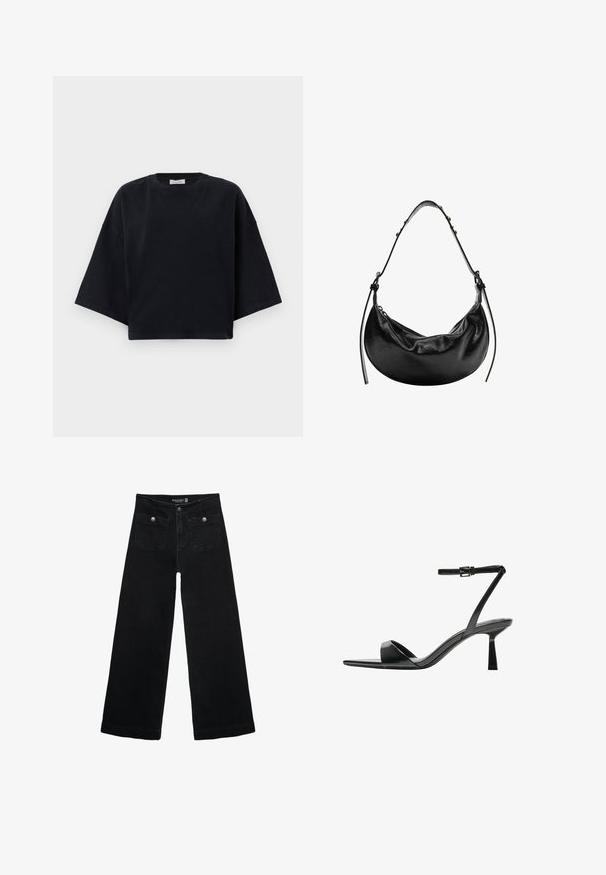 Svart bomullsoverdimensionerad t-shirt med rund hals, sänkt axlar och korta vida ärmar, med en enkel, sömlös design.; Svart vida jeans med hög midja, med två framfickor och metalldetaljer i form av knappar. Tyget har en mjuk textur.; Bershka Sandaletter - black; Svart läderhandväska med en halvmåneform, slät textur och justerbar axelrem, med subtila hårdvaruaccenter. Dragkedjestängning synlig.