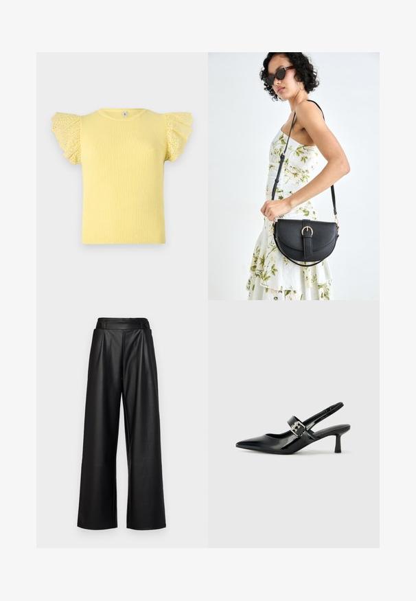 Gul ribbet t-skjorte med prikkete, volangede skuldersleeves. Har en klassisk rund halsutringning og en tettsittende silhuett. Strukturert stoff.; Svarte, vide bukser laget av lær, med høy midje, folder og to sirkulære knapper foran for lukking.; Svarte patent lær slingback hæler med spiss tå og en liten blokkheel, med en sølvspenne som detalj på stroppen.; Svart lærveske med en buet form, avtagbar stropp og gullbeslag. Vesken har et klaff med spenne-detall.