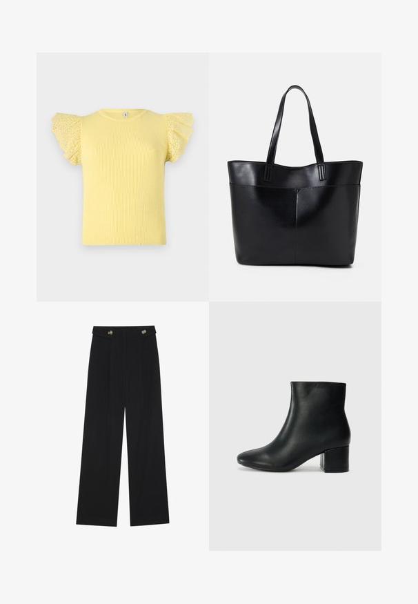 Yellow ribbed t-shirt with dotted, frilled shoulder sleeves. Features a classic round neckline and a fitted silhouette. Textured fabric.; Black wide-leg trousers with high waist, button details on waistband, and front pleats.; Black leather ankle boots with a pointed toe and a chunky heel. Smooth texture with minimal accents and a sleek, fitted design.; Black leather tote bag with two long handles, a smooth texture, and a structured shape. Features a front pocket for additional storage.