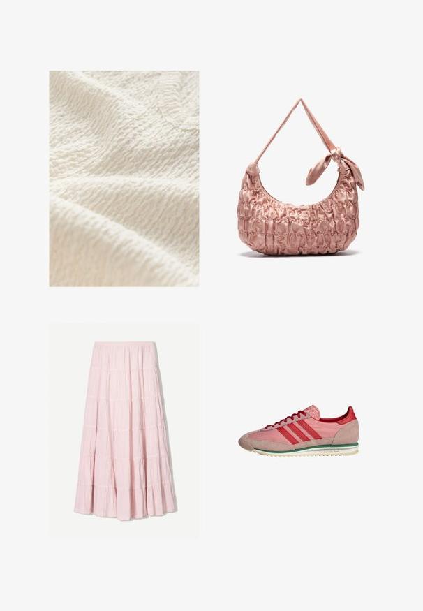 Țesătură texturată de culoare albă murdară, cu un model creponat, care prezintă o suprafață moale și ușor ridicată, potrivită pentru articole de îmbrăcăminte sau textile pentru acasă.; Fustă maxi roz deschis, cu volane, realizată dintr-un material texturat și ușor. Talie elastică și tiv fluid cu accente de volane.; Adidași atletici roz și roșii, confecționați din piele și suede, cu trei dungi decorative, limbă texturată și talpă cu dungi verzi.; Geantă de umăr roz din satin, cu o textură plisată, formă curbată și detalii cu curea legată. Finisaj neted cu accente cusute.