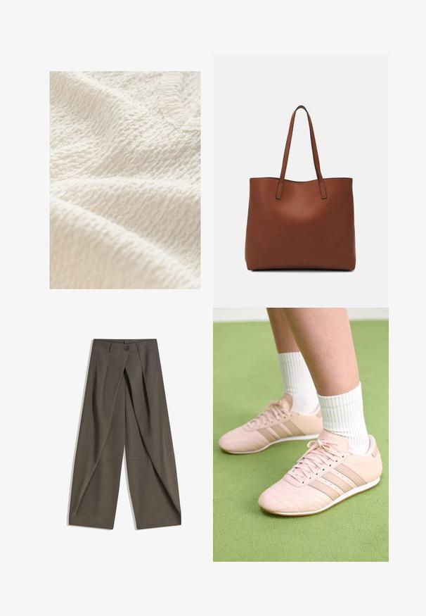 Tessuto off-white testurizzato con un motivo rugoso, che mostra una superficie morbida e leggermente rialzata, adatta per abbigliamento o tessuti per la casa.; Pantaloni a gamba larga realizzati in un tessuto testurizzato grigio scuro. Presentano una piega frontale, chiusura con bottone e tasche laterali per praticità.; Scarpe da ginnastica rosa chiaro con cuciture diagonali, suole bianche e tre strisce laterali. Indossate con calze bianche a coste su una superficie verde.; Borsa tote in pelle marrone con texture liscia, design con apertura superiore e due spallacci. Presenta cuciture minime e nessun hardware visibile.