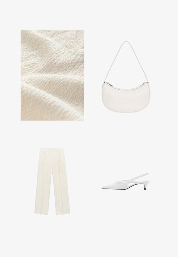 Teksturoidu off-white kangasta, jossa on ryppyinen kuvio, esittelee pehmeän, hieman kohotetun pinnan, joka sopii vaatteisiin tai kodin tekstiileihin.; Valkoiset leveälahkeiset housut vaaleassa kermassa. Valmistettu sileästä kankaasta, jossa on laskokset edessä ja sivutaskut.; Valkeat nilkkaremmikengät, joissa on terävä kärki, sileä päällinen, hienovaraiset aukot ja matala lohkopohja. Musta pohja korostaa muotoilua.; PULL&BEAR HALF MOON - Käsilaukku - white