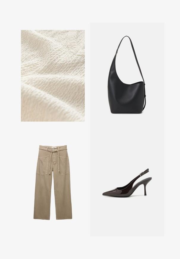 Teksturowana tkanina w kolorze off-white z pomarszczonym wzorem, prezentująca miękką, nieco wypukłą powierzchnię, odpowiednią do odzieży lub tekstyliów domowych.; Beżowe spodnie typu wide-leg wykonane z trwałej tkaniny, z dużymi przednimi kieszeniami, plecionym paskiem i subtelnymi detalami przeszycia.; Sandały na obcasie typu slingback z błyszczącej ciemno-brązowej lakierowanej skóry, w szpic, z otwartymi bokami i regulowanym paskiem wokół kostki.; Czarna skórzana torba hobo o gładkiej fakturze, zaokrąglonym kształcie i pojedynczym, regulowanym pasku; posiada szerokie otwarcie na górze.