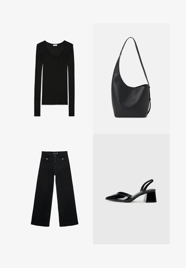 Sort langærmet top lavet af et blødt, struktureret stof. Har en rund halsudskæring og en tætsiddende pasform, uden synlige mønstre eller dekorationer.; Sorte vidde jeans med høj talje, der har to forlommer og metalknapdetaljer. Stoffet har en glat tekstur.; Sorte patentlæder slingback hæle med spids tå og en geometrisk blok hæl. Har et elegant, minimalistisk design og en glat tekstur.; Sort læder hobo taske med en glat overflade, buet form og en enkelt justerbar rem; har en bred åbning øverst.
