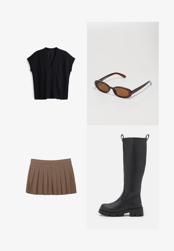 Schwarzes gestricktes Oberteil mit V-Ausschnitt, kurzen Ärmeln und einem strukturierten, vertikalen Ripp-Muster. Leichtes Material mit einer offenen Webart.; Brauner gefalteter Minirock mit einem Taillenbund und subtilen Seitenlogo-Details auf einem weißen Hintergrund.; Schwarze kniehohe Stiefel aus glattem Leder mit einer dicken Sohle und leichtem Absatz. Verfügt über Ziehschlaufen und elastische Seitenpanels für ein einfaches Anziehen.; Runde, braun getönte Sonnenbrillen mit einem glänzenden burgunderfarbenen Rahmen. Schlanke Bügel mit dezentem Branding. Flaches Linsendesign.; Braune, geflochtene Lederhandtasche mit einer lässigen, dreieckigen Form. Verfügt über einen geflochtenen Griff und einen Reißverschluss an der Oberseite.