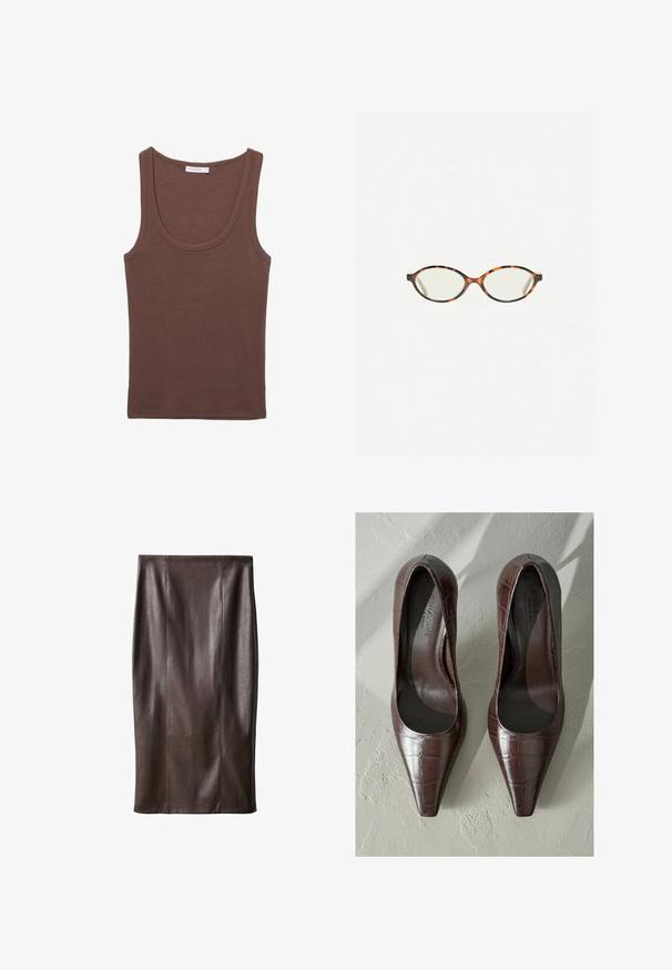 Smeđi pamučni top bez rukava s okruglim izrezom i širokim naramenicama, s glatkom teksturom i ležernim dizajnom.; Smeđa kožna suknja olovka glatke teksture, do koljena, s vertikalnim šavovima za dizajn. Bez dodatnih elemenata ili ukrasa.; Smeđe lakirane kožne štikle s oštrim vrhom, s krokodil uzorkom i glatkom unutrašnjošću. Dizajnirane za elegantan izgled.; Naočale u boji kornjače s ovalnim staklima i elegantnim, glatkim završetkom. Imaju tanke strane s suptilnom krivuljom na sljepoočnicama. Prozirna stakla.; Crna kožna torba za rame s glatkom teksturom, zakrivljenim oblikom i jednim podešivim remenom koji ima zlatne metalne detalje i brendirani akcent.