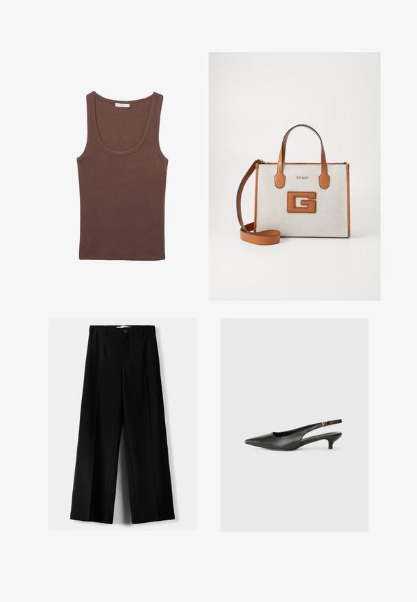 Braunes Baumwoll-Tanktop mit rundem Ausschnitt und breiten Trägern, das eine glatte Textur und ein lässiges Design aufweist.; Schwarze weite Hosen aus leichtem Stoff, mit einem Knopfverschluss vorne und flachem Bund, mit sorgfältig genähten Säumen.; Schwarzer Slingback-Schuh mit spitzem Zehenbereich aus glattem Leder. Mit einem dünnen Absatz und einer dekorativen Schnalle am verstellbaren Riemen.; Helle Handtasche in Tan und Beige mit Logo, strukturiertem Stoff, zwei Griffen und abnehmbarem Schultergurt. Sie verfügt über goldene Buchstaben und ein markantes G-Emblem.