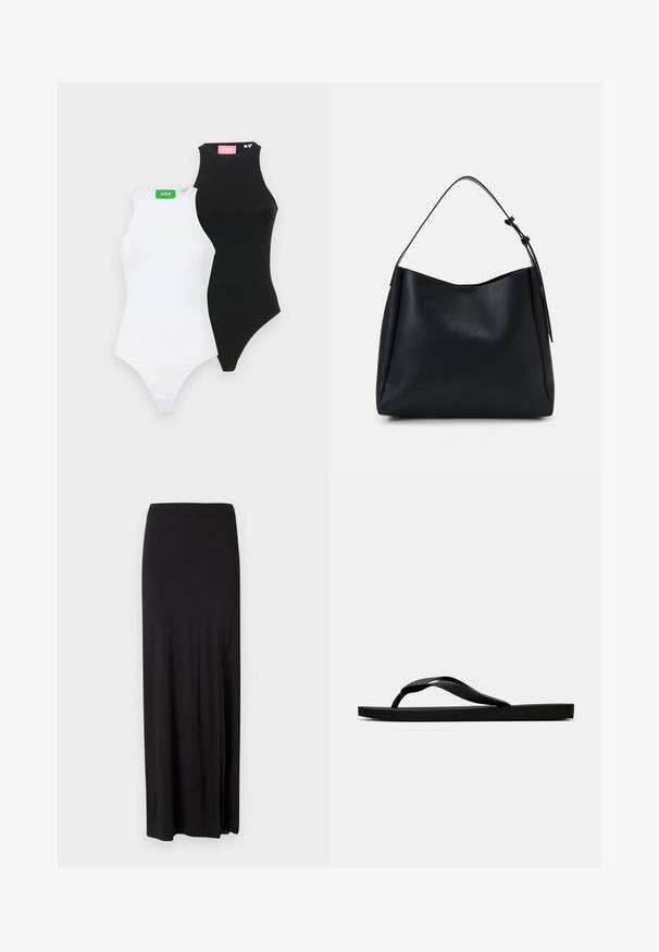 To fitte kroppstrømper, en svart og en hvit, med høye halslinjer og thong-snitt. Hver av dem har en kontrasterende etikett i grønn og rosa.; Svart maxiskjørt laget av mykt, elastisk materiale. Har en sidesplit og et enkelt, strømlinjeformet design uten dekorasjoner.; Svarte gummiflip-flopsandaler med en teksturert stropp og enkel flat såle, vist fra siden på en enkel lys bakgrunn.; Svarte skinn hobo-veske med en enkelt skulderreim, glatt tekstur, avsmalnet topp og minimalistisk design uten synlig maskinvare.