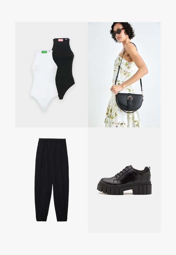 Dve prispôsobené body, jedno čierne a jedno biele, s vysokými goliermi a thong strihom. Každé z nich má kontrastnú nálepku v zelenej a ružovej farbe.; Čierne, ľahké nohavice s elastickým pásom a zúženými nohavicami. Tkanina je hladká a má voľný, zúžený strih.; Čierne kožené platformy s masívnym blokovým podpätkom, okrúhlou špičkou a tradičným šnurovaním. Má hladký povrch a minimálne detaily.; Čierna kožená kabelka s zaobleným tvarom, odnímateľným popruhom a zlatými doplnkami. Kabelka má klopu s detailom s prackou.