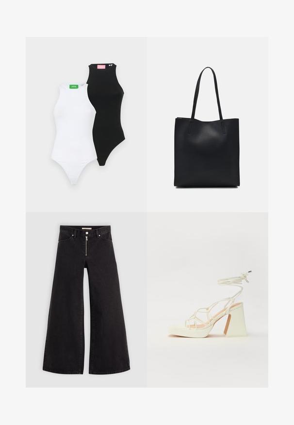 Dva prilagojena bodi obleka, ena črna in ena bela, z visokimi ovratniki in tanga izrezom. Vsaka ima kontrastno oznako v zeleni in roza barvi.; Široke traperice iz črnega denima z zadrgo spredaj, petimi žepi in diskretnimi šivi. Gladka tekstura in ležeren slog.; Bela sandala na visokih petah s debelim petam, ki ima obliko trakcev in vezanje okoli gležnja. Gladka tekstura z platformo spredaj za dodatno višino.; Črna usnjena torba s svilnato teksturo, pravokotne oblike in dvema dolgima ročajema. Brez vidnih metalnih delov ali okrasnih elementov.