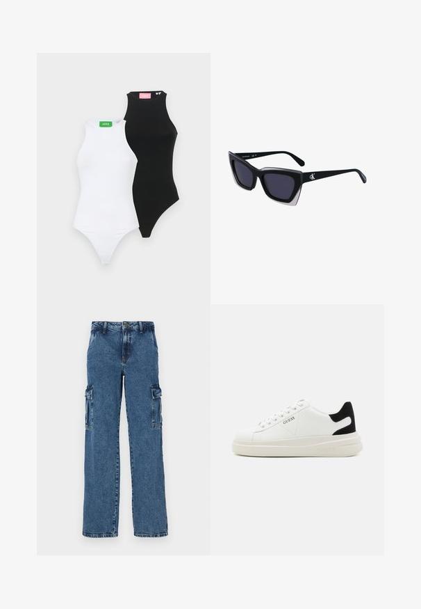 Du dužo prigludę bodysuitai, vienas juodas ir vienas baltas, su aukštu kaklu ir fasonu thong. Kiekvienas turi kontrastingą etiketę žalia ir rožinė.; Mėlynos džinsinės cargo kelnės su laisvu siluetu, turinčios dvi šonines kišenes, sutvirtintą siuvimą ir tiesaus kojų dizainą.; Baltos odinės sportbačiai su storu baltu padu, juodu nubuko kulno akcentu ir iškilmingu logotipu šone. Su raišteliais, turinčiais šešis akinius.; Juodos didelės saulės akinių su geometrine forma, turinčiais tamsius objektyvus ir kontrastingą pilką detalę ant rėmelio. Logotipas ant šalon.