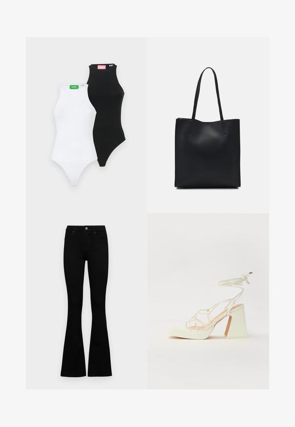 Kaks sobiva lõikega bodysuiti, üks must ja üks valge, kõrge kaelusega ja stringi lõikega. Igal on kontrastne silt rohelises ja roosas värvitoonis.; Mustad kõrge vöökohtadega teksad, millel on nööp ja lukuga sulgemine, esikäe taskud ja laienevad sääred, asetatud tasasele valgele taustale.; Valged kõrge kontsaga sandaalid, millel on paks konts ja rihmadega disain koos pahkluu sidumisega. Sile tekstuur ja platvorm ees, et lisada kõrgust.; Mustast nahast kott sujuva tekstuuriga, ristkülikukujuline ja kahe pika sangaga. Pole nähtavat riistvara ega kaunistusi.