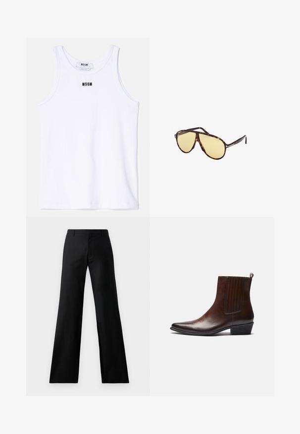 Camiseta sin mangas de algodón blanco con textura acanalada, que presenta un logotipo bordado en negro "MSGM" centrado en el pecho. Diseño simple y limpio.; Camisa rosa pálido de manga larga con botones, cuello puntiagudo, botones de perla y un pequeño logo bordado de un jugador de polo en el pecho.; Pantalones de pierna ancha negros, confeccionados en una tela suave. Presentan una cinturilla de altura media y pliegues en la parte frontal, que ofrecen una silueta entallada.; Botín de cuero marrón hasta el tobillo con puntera puntiaguda, paneles laterales elásticos, detalles texturizados en la parte frontal y un tacón bajo apilado.; Gafas de sol de carey con lentes amarillos. Forma de aviador con doble puente y acentos metálicos. Superficie suave y diseño elegante.