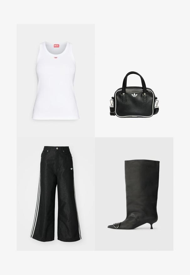 Bílé tílko vyrobené z bavlny, s kulatým výstřihem, úzkým střihem a malým červeným logem Diesel na prsou. Hladká textura.; Černé široké džíny s třemi bílými pruhy po stranách a malým bílým logem. Obsahují přední kapsy a zapínání na knoflík.; Černá kožená kotníková bota s špičatou špičkou, malým podpatkem a kovovým akcentem na špičce. Hladký, matný povrch po celém obvodu.; Černá kožená kabelka se dvěma krátkými uchy, stříbrným kováním, bílými detaily a bílým logem. Má texturovaný povrch a kompaktní design.