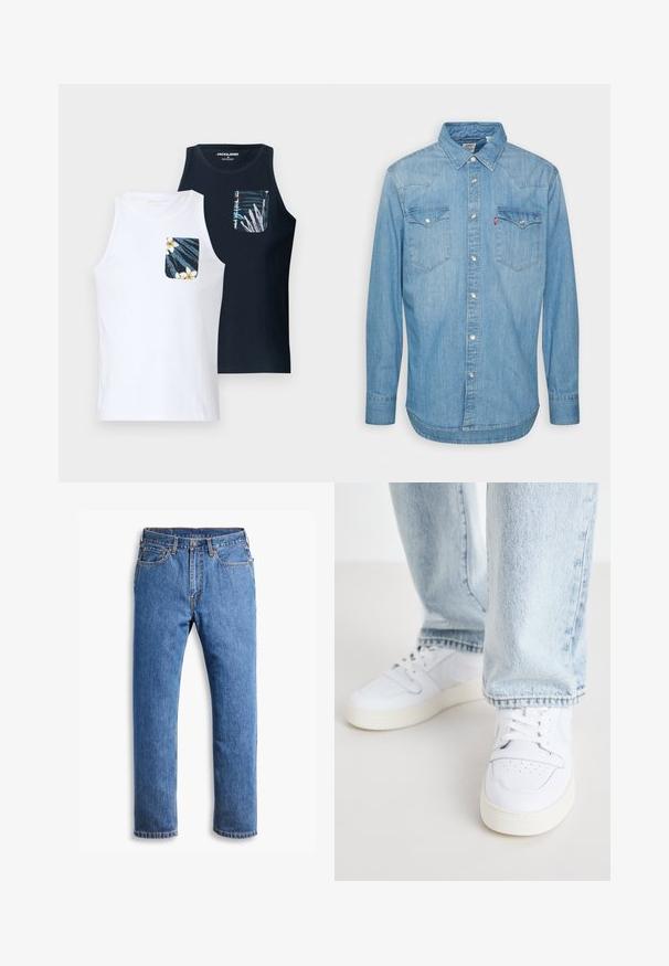 To tanktopper, en hvit og en marineblå, hver med en mønstret lomme som har blomsterdesign og blå aksenter. Laget av myk stoff.; Lys blå denimskjorte med lange ermer, spiss krage og to brystlommer. Har knappelukking og buet kant.; Blå denimjeans med rett snitt, med fem lommer, knappelukking og oransje sømdetaljer på en ren hvit bakgrunn.; Hvite lær lave sneakers med perforert tå, flate lisser og minimalistisk design. Kombinert med lyseblå denimjeans.