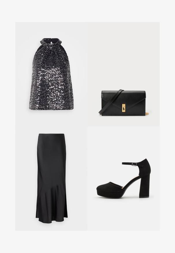 Scotch & Soda TANK - Top - silver; Gonna midi nera in satin con un design elegante, caratterizzata da un leggero svaso all'orlo e uno spacco laterale per facilitare i movimenti. Texture liscia.; Scarpe con tacco a piattaforma nere in suede, dotate di un spesso tacco a blocco, punta arrotondata e cinturino alla caviglia fissato da una fibbia in metallo. Texture liscia su tutta la superficie.; Portafoglio in pelle nera con pattina a pieghe, accessori dorati, con un logo decorativo. Include una tracolla staccabile per il trasporto.