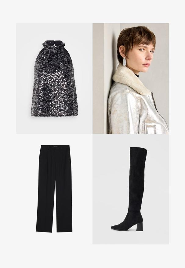 Scotch & Soda TANK - Top - silver; Crne hlače ravnog kroja, s dva prednja džepa i pojasom. Izrađene od glatkog, laganog materijala.; Crne antilop čizme do koljena s blok potpeticom, šiljastim prstom i glatkim, bešavnim dizajnom na običnoj svijetloj pozadini.; Srebrna metalik kožna jakna s ovčjim krznom, koja ima zatvaranje na patentni zatvarač i teksturiranu površinu. Velike naušnice u obliku suze s prozirnim draguljima.