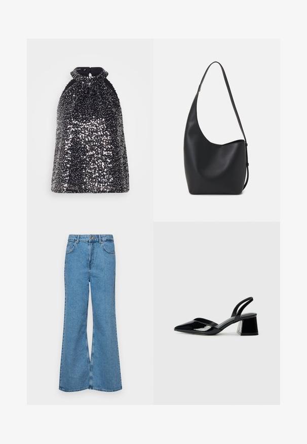 Scotch & Soda TANK - Top - silver; Jeans acampanados de color azul claro hechos de denim, con una cintura alta, cinco bolsillos y un cierre de botón. Textura suave con acabado desgastado.; Zapatos de tacón slingback de charol negro con punta afilada y tacón geométrico en bloque. Presentan un diseño elegante y minimalista, así como una textura suave.; Bolso tipo hobo de cuero negro con una textura suave, forma curvada y una sola correa ajustable; presenta una amplia apertura en la parte superior.