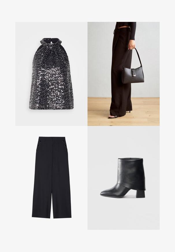 Scotch & Soda TANK - Top - silver; Calças largas de tecido azul marinho escuro, com uma textura suave, pregas frontais e ilhoses decorativos em tom dourado nos bolsos laterais.; Bota de tornozelo em couro preto com bico afilado, textura suave e um salto bloco estruturado. Apresenta um design de cano alto e dobrado.; Bolsa preta com forma estruturada, textura suave e um fecho metálico. Combinada com calças largas pretas e sandálias de salto aberto sobre um chão de madeira.