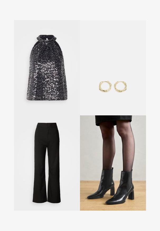Scotch & Soda TANK - Top - silver; Pantalones de pierna ancha negros con una textura suave, cintura alta y un diseño limpio. Sin bolsillos visibles ni adornos.; Botines de cuero negro hasta el tobillo con punta afilada, tacón cuadrado grueso y diseño elegante. Presentan paneles laterales elásticos para facilitar el uso.; Pendientes de aro de oro con forma irregular y texturizada. Presentan un cierre sin costuras y un acabado pulido, destacando un diseño moderno.