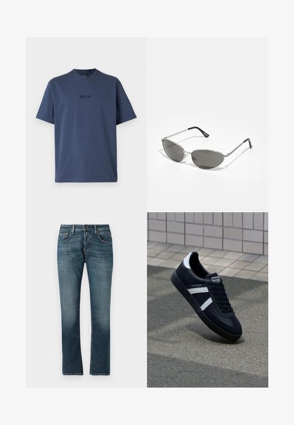 Klašu piedurkņu tumši zilā kokvilnas T-kreklā ar apaļu izgriezumu; uz krūtīm ir maigi izšūts "REPLAY" logo.; Zilas džinsus bikses ar taisnu kāju piegriezumu, izbalējušo krāsu, piecu kabatu dizainu un kontrastējošām šuvēm. Pogas un rāvējslēdzēja aizdare.; Melnā ādas sporta apavi ar baltām svītrām, teksturēta gumijas zole un auklu aizdare. Iekļauj zīmola etiķeti uz mēles.; Saulesbrilles ar elegantu sudraba metāla rāmi, pelēkās nokrāsas lēcām un aerodinamisku dizainu, kas izceļas ar izliektiem stūriem un plānām kājām.