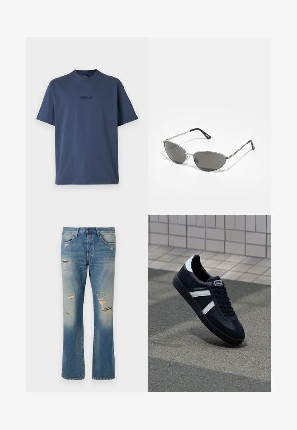 Klašu piedurkņu tumši zilā kokvilnas T-kreklā ar apaļu izgriezumu; uz krūtīm ir maigi izšūts "REPLAY" logo.; Gaiši zili džinsi ar brīvu piegriezumu, ar nolietotiem elementiem un saplēstiem pleķiem, standarta piecu kabatu dizains un pogu aizdare.; Melnā ādas sporta apavi ar baltām svītrām, teksturēta gumijas zole un auklu aizdare. Iekļauj zīmola etiķeti uz mēles.; Saulesbrilles ar elegantu sudraba metāla rāmi, pelēkās nokrāsas lēcām un aerodinamisku dizainu, kas izceļas ar izliektiem stūriem un plānām kājām.