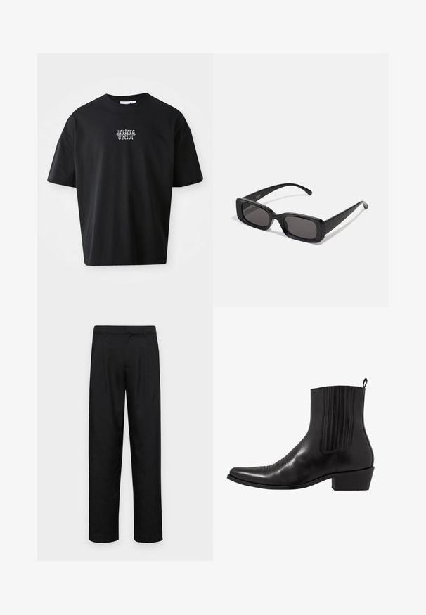 Juodas medvilninis marškinėlis trumpomis rankovėmis, apvaliu kaklu ir balta grafika priekyje. Atsipalaidavęs siluetas, lygus paviršius ir jokių matomų raštų.; Juodi kelnių modeliai, pagaminti iš lygios medžiagos, turi tiesią kojas, du priekiniai klostės ir standartinę juosmenį su diržo kilpomis.; Juodas odinis kulkšninis botas su smailiu pirštu, elastingomis šoninėmis dalimis, vertikaliu siuvinėjimu ir žemu stačiakampiu kulnu.; Juodos stačiakampės saulės akiniai su tamsiais lęšiais, blizgiu paviršiumi, plačiomis kojelėmis ir masyviu rėmeliu. Ant vienos kojelės yra išgraviruotas prekės ženklas.