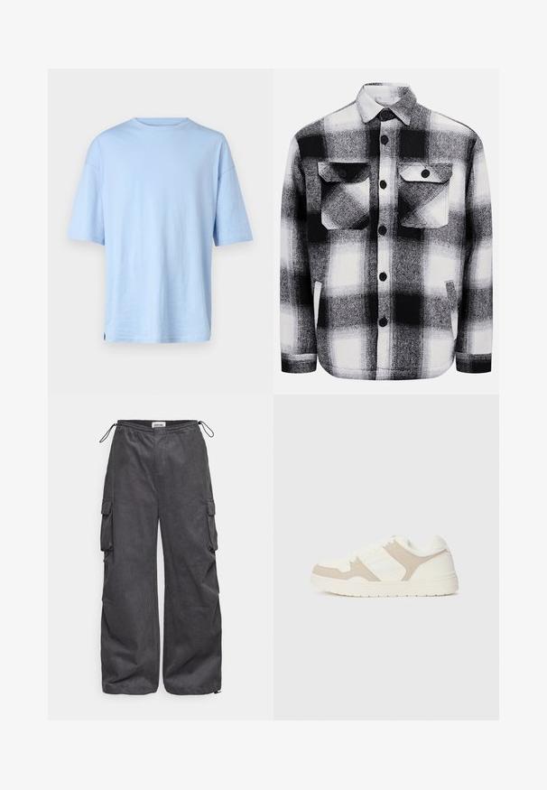 Světle modré tričko s krátkým rukávem vyrobené z měkké bavlny. Má kulatý výstřih a volný střih. Bez viditelných vzorů nebo dekorací.; Černobílá kostkovaná flanelová košile s dvěma předními kapsami, knoflíkovým zapínáním a měkkou texturou. Klasický kostkovaný vzor.; Šedé cargo kalhoty s texturovanou tkaninou, elastickým pasem, šňůrkou a podrobnostmi na bočních kapsách. Volný střih s širokými nohavicemi.; Bílo-beige tenisky s kombinací hladkého a semišového materiálu, kulatou špičkou, šněrováním a plochou gumovou podešví.