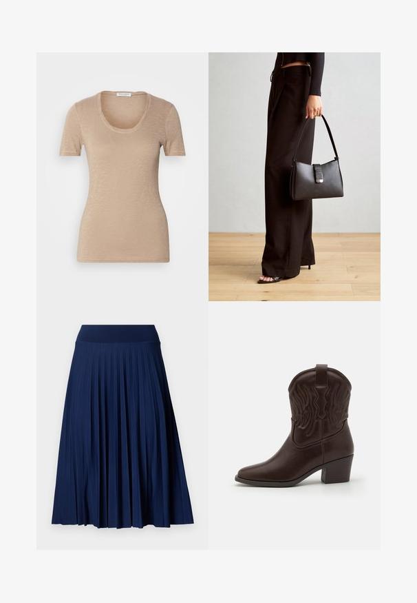 Beige lühikeste varrukatega T-särk, avara kaelusega. Valmistatud kerge ja tekstureeritud kangast. Omab vormitud disaini ja minimaalset õmblust.; Tumed pleiditud seelik laia vöökohaga, valmistatud sileda kangaga. Omab vertikaalseid pleite ja ulatub keskpaigani.; Pruunist nahast cowboy saapad, millel on teravad varbad, reljeefsed tiivamustrid, kesk kõrguses plokk konts ja tõmbenupp taga.; Must musta kott, millel on struktureeritud kuju, sile tekstuur ja metallist klamber. Kombineeritud laiate mustade pükstega ja avatud varvaste sandaalidega puidust põrandal.