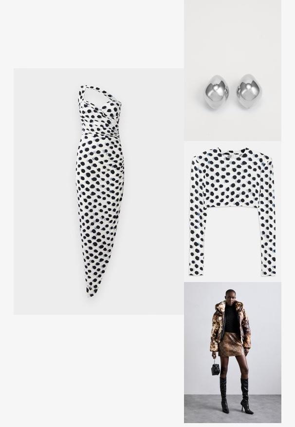 Rövidített hosszú ujjú felső rugalmas fehér anyagból, fekete pöttyös mintával, sima textúrával és kerek nyakkivágással.; Fehér ruha, amely egy vállon hordható dizájnnal rendelkezik, fekete pöttyökkel díszítve, testhez simuló fazonnal és oldalt redőzött részletekkel.; Barna és fekete mintás puffjú dzseki, barna kígyóbőr mintás mini szoknyával, fekete térdig érő csizmával és egy kicsi fekete táskával párosítva.; Ezüst fém fülbevalók sima, kerek formával, fényes felülettel és tükröződő hálózattal. Minimalista design, díszítések nélkül.