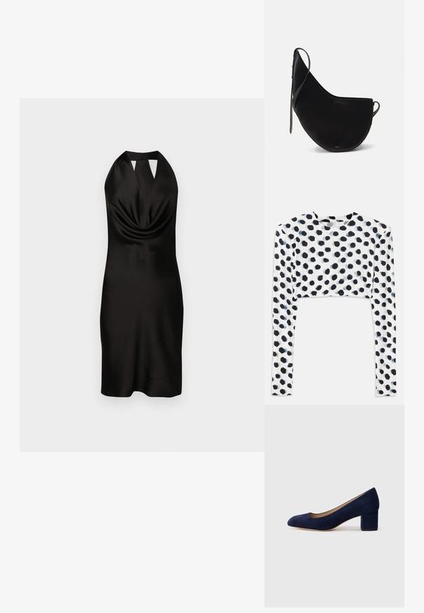 Top cropped de mangas compridas em tecido elástico branco, com padrão de bolinhas pretas, textura suave e decote redondo.; Vestido preto de cetim com decote halter, frente drapeada, silhueta ajustada e detalhe recortado no decote, alcançando o comprimento até a metade da coxa.; Salgados de camurça azul-marinho com bico fino e um salto quadrado de altura média. Textura suave com um ligeiro brilho e um pequeno corte na parte da frente.; Mala de mão em couro preto com uma forma de lua curva, apresentando uma alça fina e uma discreta marcação dourada na frente. Textura suave com hardware mínimo.