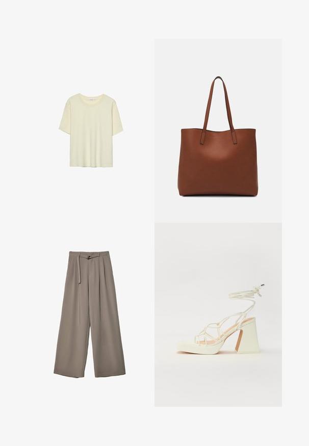 Ljusbeige t-shirt med kort ärm, tillverkad av mjukt tyg, med rund halsringning och avslappnad passform, utan mönster eller dekorationer.; Breda byxor i ett mjukt, dämpat grått tyg, med belagd midja och veck för extra designdetaljer. Slät textur, inga mönster.; Vit högklackad sandal med en kraftig klack, med ett remdesign och ankelband. Slät textur med en plattform framtill för ökad höjd.; Brun läder tote-väska med en slät textur, öppen toppdesign och två axelremmar. Har minimal söm och ingen synlig metalldetalj.