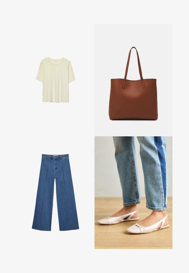 Svetlo bež majica kratkih rukava iz mekog materijala, s okruglim izrezom i opuštenim krojem, bez uzoraka ili ukrasa.; Jeans širokih nogavic v srednji modri barvi, z visokim pasom, gumbom in kontrastnimi navpičnimi šivi spredaj.; Svijetloružičaste slingback balerinke s šiljastim nožnim prstima, napravljene od glatkog materijala nalik koži. Imaju izrezane detalje sa strane i ravne pete.; Rjava usnjena torba z gladko teksturo, odprto zasnovo zgoraj in dvema naramnima trakovoma. Opremljena je z minimalnim šivanjem in brez vidnih kovinskih delov.