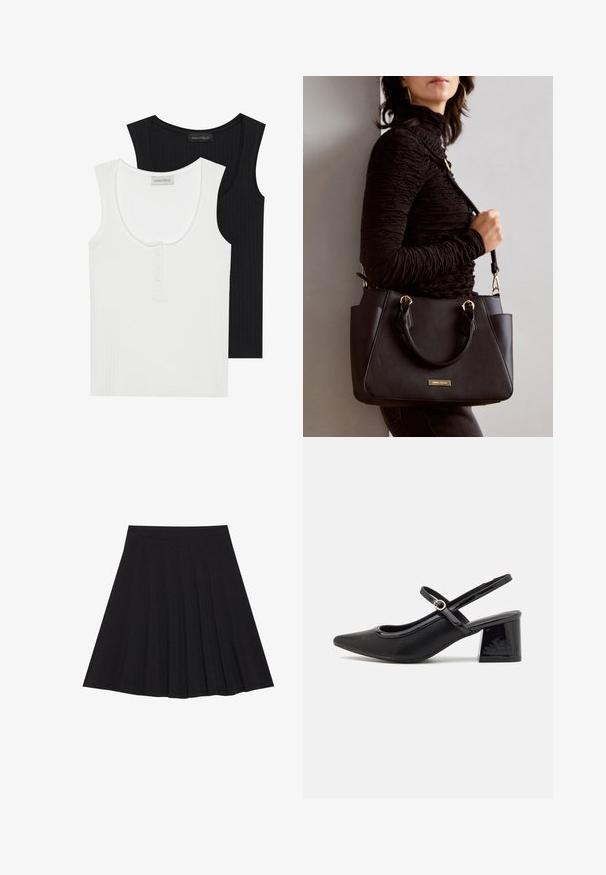Duas camisolas de alças caneladas em preto e branco. A camisola branca apresenta um decote redondo e uma fileira de três botões; ambas possuem alças largas.; Saia preta plissada feita de tecido texturizado com uma faixa na cintura ajustada. Cai até ao joelho, apresentando uma silhueta suave e limpa.; Sabrinas de cerâmica preta com salto bloco, bico apontado e um design com recortes arredondados. Apresenta um detalhe em fivela de tom dourado.; Bolsa preta com superfície texturizada, alças superiores duplas e alça de ombro ajustável. Apresenta ferragens em tom dourado e bolsos laterais.
