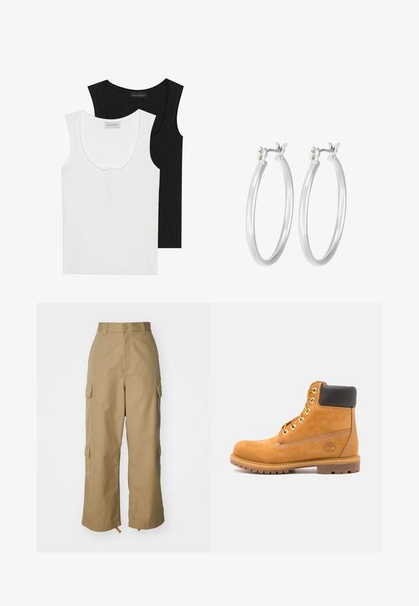 To ribbede tanktoppe i sort og hvid. Den hvide top har en rund halsudskæring og en tre-knap frontåbning; begge har brede skulderstropper.; Beige cargo bukser med høj talje, brede ben og fire store sidelommer. Fremstillet af slidstærkt stof med en glat tekstur og minimal detaljering.; Brune læder ankelstøvle med sort polstring, gyldne øsken og en tekstureret sål. Har et cirkulært logo på siden og synlige syninger.; Sølv hoop øreringe med en glat, poleret overflade. Rund form og sikker klik-lukning. Letvægtsdesign, der er velegnet til hverdagsbrug.