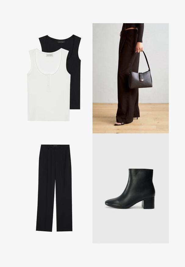 To ribbede tanktopper i svart og hvit. Den hvite toppen har rund hals og tre-knappers placket; begge har brede skulderstropper.; Sorte bukser med rette ben, som har to frontlommer og en talje. Laget av et glatt, lett stoff.; Sorte skinn ankelsko med spiss tå og chunky hæl. Glatt tekstur med minimale detaljer og et elegant, tettsittende design.; Svart håndveske med strukturert form, jevn tekstur og metallisk lås. Kombinert med brede svarte bukser og sandaler med åpen tå på tregulv.