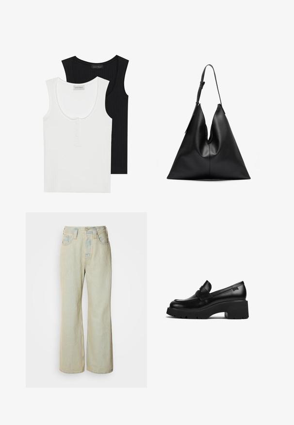 Due magliette a spalla larga a coste, una nera e l'altra bianca. La maglia bianca presenta un collo rotondo e una pattina con tre bottoni.; Jeans blu chiaro a gamba larga realizzati in denim, con vita alta, cinque tasche e un leggero sbiadimento con accenti di cucitura a contrasto.; Mocassino in pelle nera con tacco chunky, suola spessa e un dettaglio a strap nella parte superiore, mostrato di lato su uno sfondo bianco.; Borsa triangolare in pelle nera con una sola tracolla regolabile e una struttura morbida, leggermente abbondante.; Orecchini a cerchio in oro con una forma irregolare e texture. Presentano una chiusura senza giunture e una finitura superficiale lucida, che enfatizza un design moderno.