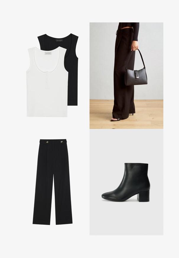Kaksi raidoitettua toppia mustana ja valkoisena. Valkoisessa tuotteessa on pyöreä kaula-aukko ja kolme nappia; molemmissa on leveät olkaimet.; Mustat leveälahkeiset housut, joissa on korkea vyötärö, napit vyötärönauhassa ja etupuolella laskokset.; Musta nahkasaappaat nilkkapituudella, jossa on terävä kärki ja paksu korko. Silkkinen pinta, jossa on minimaaliset yksityiskohdat ja tyylikäs, istuva muotoilu.; Musta käsilaukku, jossa on rakenteellinen muoto, sileä pinta ja metallinen solki. Yhdistetty leveisiin mustiin housuihin ja avonaiheisiin sandaaleihin puulattialla.