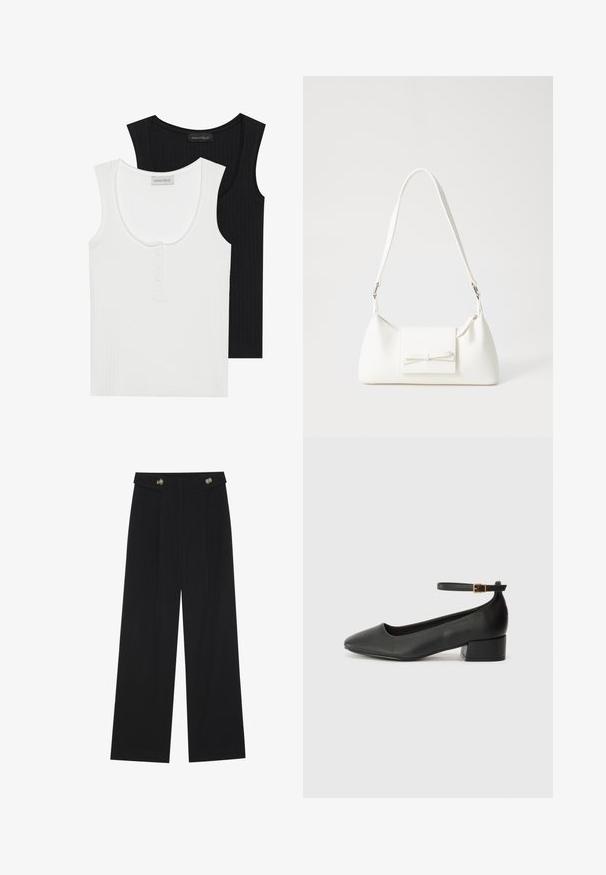 Two ribbed tank tops in black and white. White top features a round neck and three-button placket; both have wide shoulder straps.; Black wide-leg trousers with high waist, button details on waistband, and front pleats.; Black leather pump with a pointed toe and a low block heel. Features an ankle strap with a gold-tone buckle. Smooth texture.; White synthetic handbag with a triangular shape, flat front flap and bow detail, adjustable strap, smooth texture, and minimalistic design.